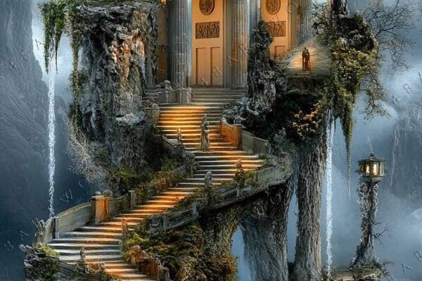 Fantasy digital painting of a mystical stone temple on a floating island.