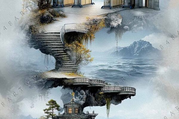 "Surreal digital art of floating classical architecture amid misty landscape and trees."