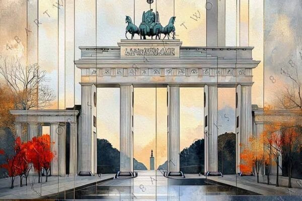 "Surreal digital painting of Brandenburg Gate with abstract red and gold celestial elements."