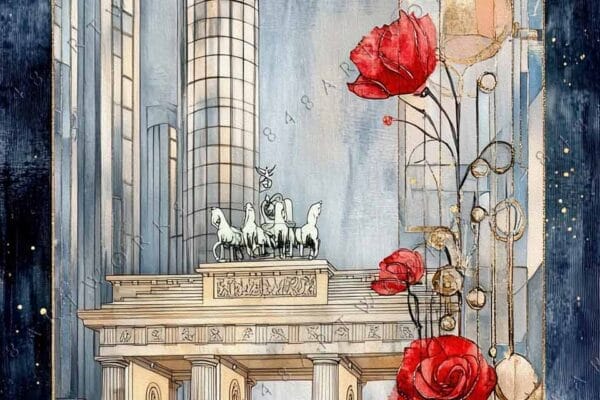 "Art Deco-style digital art of urban skyline with roses and moon, in blue hues."