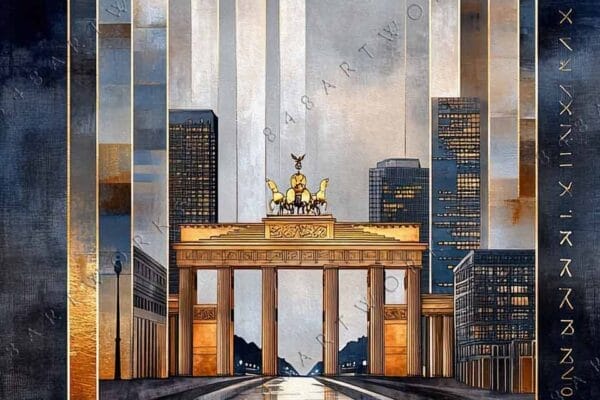 "Art Deco digital painting of Brandenburg Gate with gold, blue, and gray geometric elements."