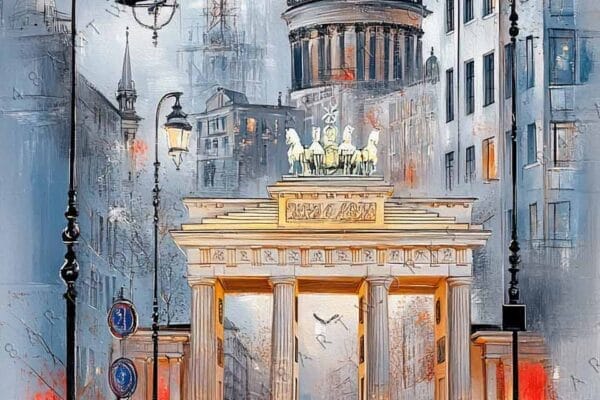 "Impressionist painting of a city street with city gate, grey-blue palette, red accents."