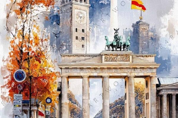 Watercolor painting of Berlin street scene with Brandenburg Gate and Fernsehturm tower.