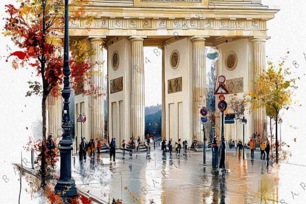 Digital painting of Brandenburg Gate with autumn colors and abstract watercolor effects.