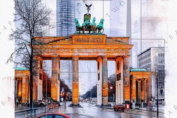 Abstract digital collage of Berlin landmarks with vibrant colors and architectural elements.
