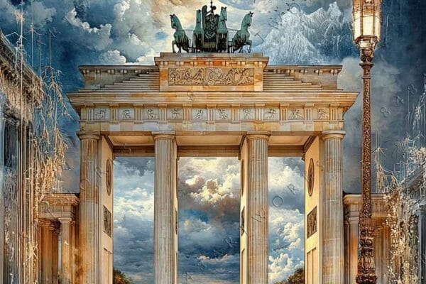 Surreal digital painting of Brandenburg Gate under celestial sky with clouds and stars.