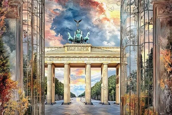 Digital painting of Brandenburg Gate through an arched doorway, with colorful sky reflections.
