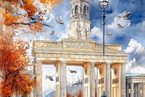 Digital painting of an autumn street scene with people, colorful trees, and cloudy skies.