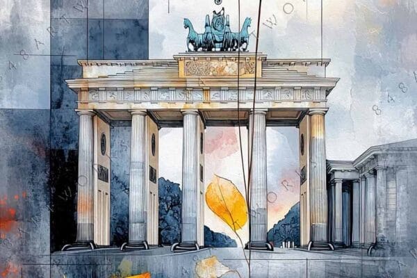 "Abstract digital painting of Brandenburg Gate with red and orange leaves, blue-gray background."