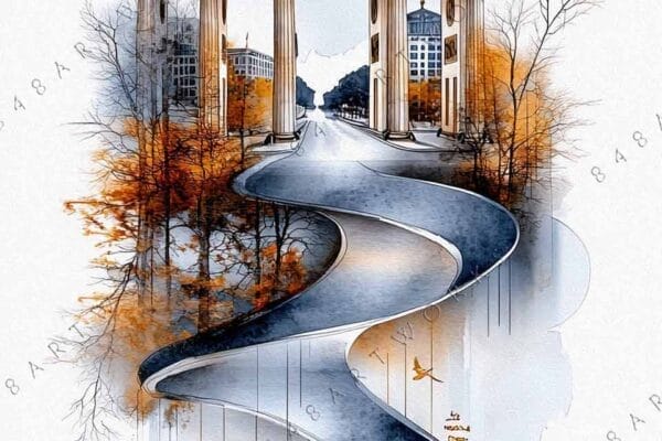 "Stylized watercolor of a landmark with autumn trees in blue and orange hues."
