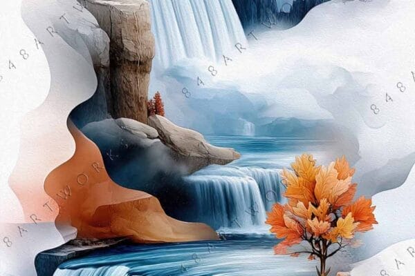 Digital painting of cascading waterfalls with autumn trees in soft blue and orange hues.