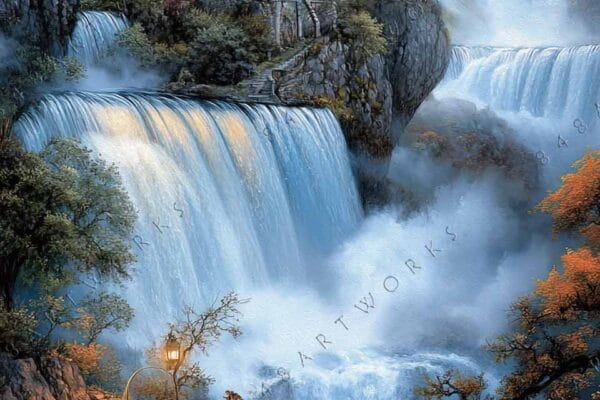 Fantasy digital painting of a manor on a cliff by cascading waterfalls.