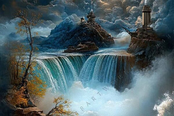 "Surreal digital painting of a dramatic seascape with waterfall under moonlit clouds."