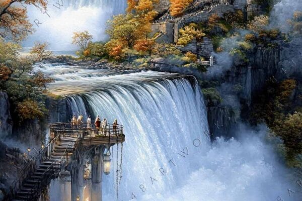 Fantasy digital painting of a castle with waterfalls and autumn trees in vibrant tones.