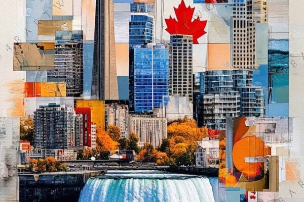 Digital collage of a city skyline with a waterfall and autumn trees.