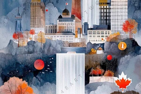 "Digital artwork of city skyline with autumn trees and mountains in blue and orange tones."