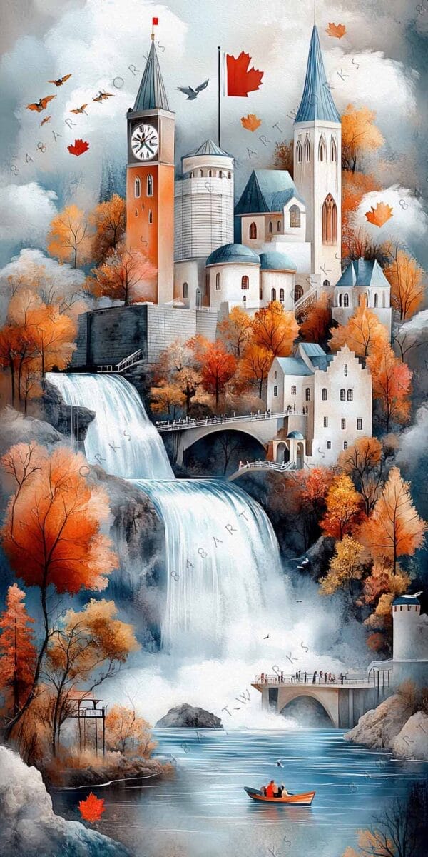 Digital painting of a castle by waterfalls with autumn trees and a canoe on water.
