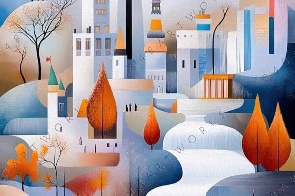 "Abstract digital art of cityscape with orange trees and waterfall in soft hues."