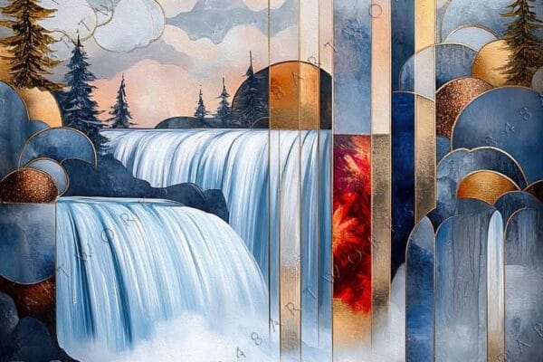 "Abstract digital art featuring waterfalls, golden geometric elements, and a Canadian maple leaf."