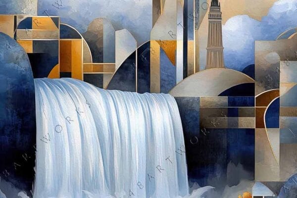 "Art deco digital painting of a futuristic cityscape with gold, blue, and white elements."
