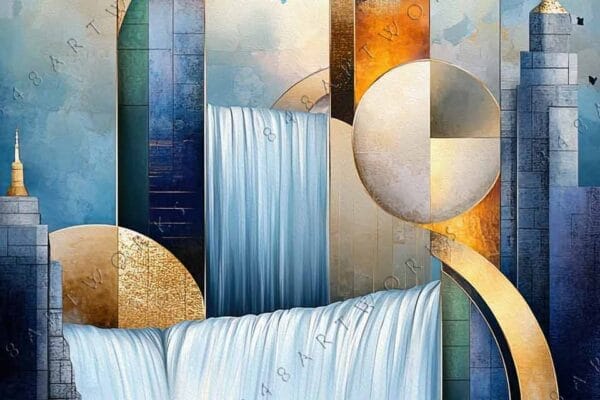 "Geometric digital art with waterfalls, gold accents, and blue sky elements."