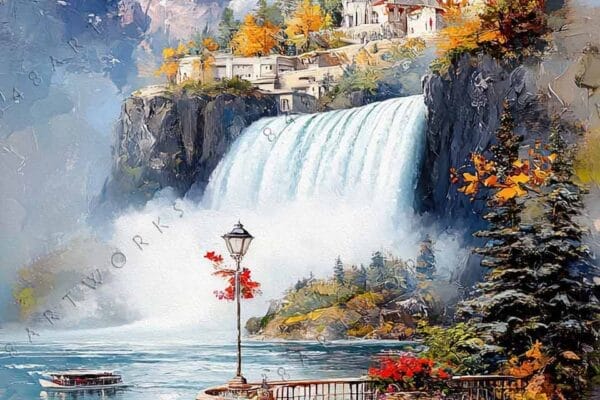 "Digital painting of a castle tower by a waterfall, surrounded by autumn trees."