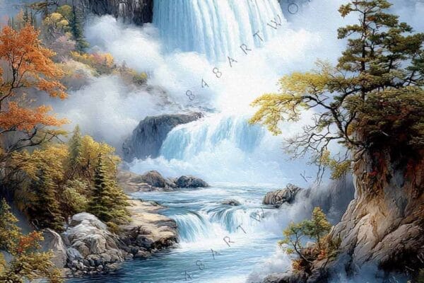 Surreal digital painting of a waterfall, autumn trees, and a distant tower on a mountain.