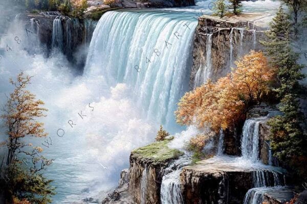 Fantasy digital painting of a castle on a waterfall with snowy mountains.