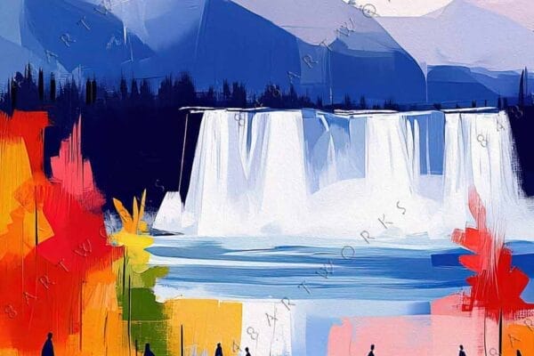 "Vibrant digital painting of people skating near waterfall with colorful autumn foliage."