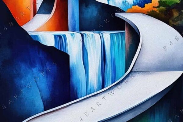 Abstract digital painting of a futuristic waterfall landscape with vibrant blues and oranges.