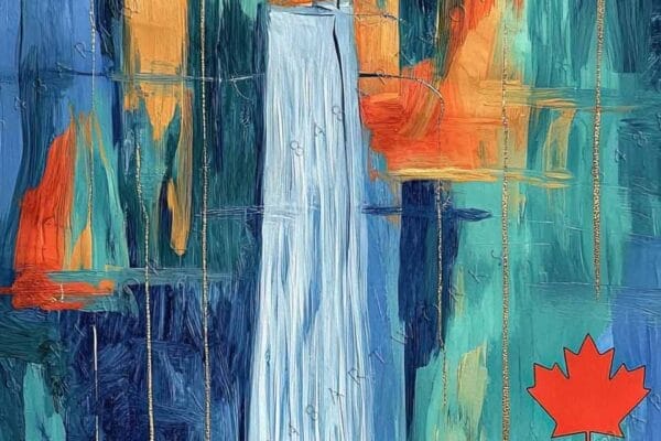 Abstract painting with waterfall motif, featuring blue, teal, orange, and gold hues.