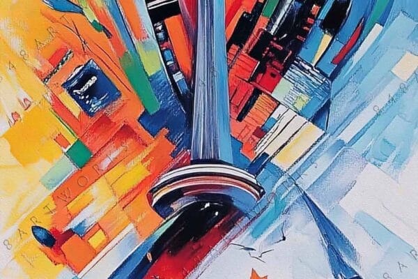 Abstract painting of urban landscape with vibrant red, orange, and blue geometric shapes.