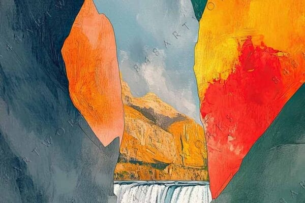 Colorful digital painting of a lone figure facing a waterfall between towering cliffs.