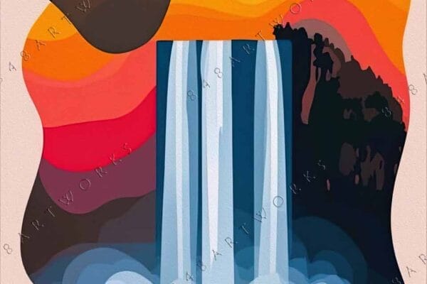 "Abstract digital art of a waterfall with bold orange, red, and blue shapes."
