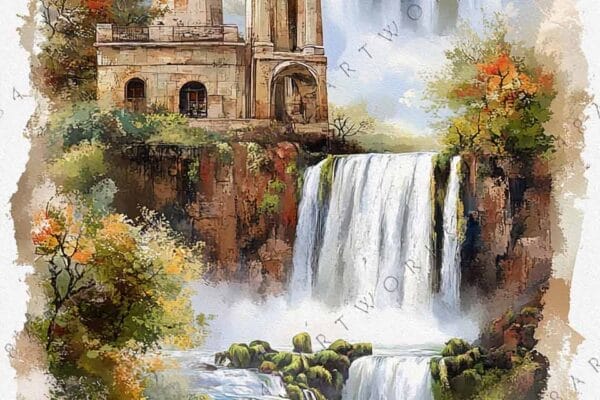 "Digital painting of a lighthouse beside cascading waterfalls with autumn foliage."