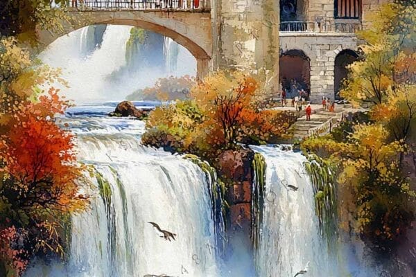 Watercolor painting of a clock tower by a waterfall, autumn trees, and a boat.