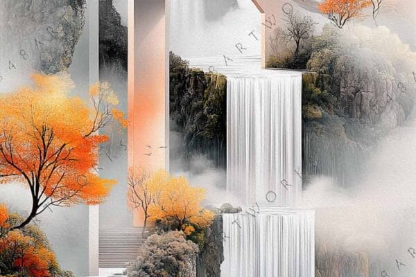 "Digital artwork of cascading waterfalls, orange trees, and a large sun in muted tones."