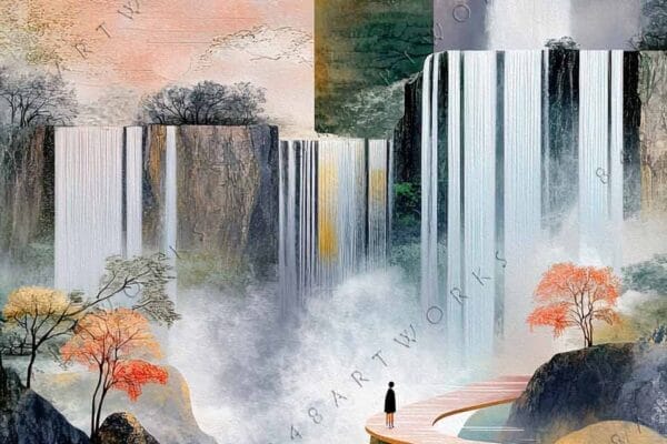 "Surreal digital art of waterfalls, abstract paths, and vibrant orange-red sun with mist."