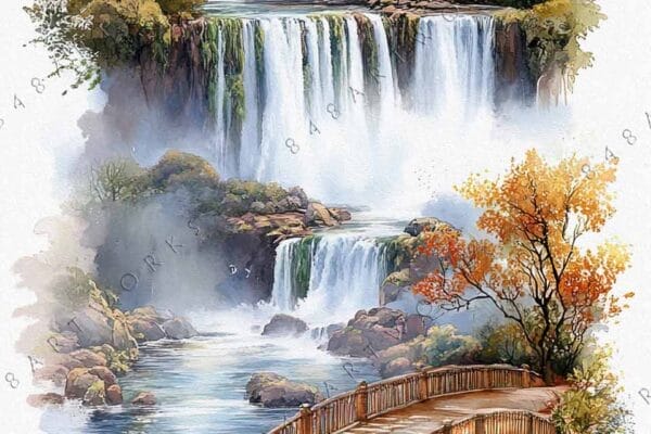 Watercolor painting of a scenic waterfall with stone bridge and soaring birds.