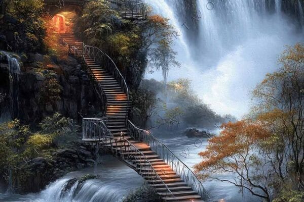 Fantasy digital painting of waterfalls behind a lit pavilion, with orange autumn trees.