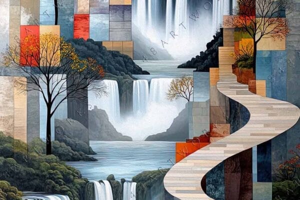 "Abstract digital art of waterfalls and path, with vibrant orange and muted gray tones."