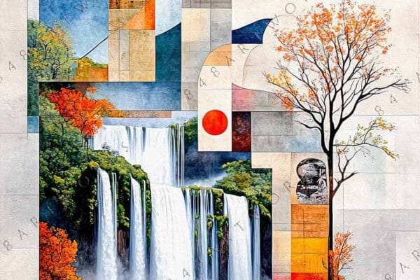 "Geometric digital artwork combining waterfall, trees, and bright circles in orange and blue tones."