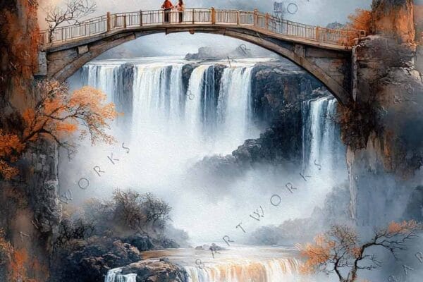 Digital painting of cascading waterfalls, orange trees, and a stone bridge with figures.