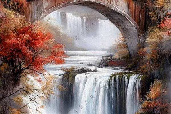 "Digital painting of a clock tower bridge over waterfalls, with autumn foliage and mist."