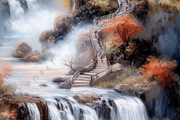 "Digital painting of a red-roofed building by cascading waterfalls with autumn foliage."