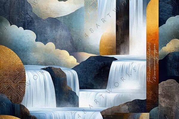 Abstract digital art of waterfalls with blue, gold, and white geometric elements.