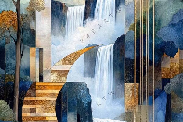 "Geometric digital art of waterfalls, staircase, and trees in gold and blue hues."