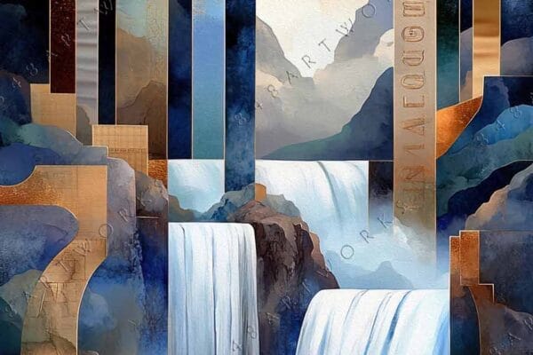 "Geometric digital artwork featuring waterfalls, circular shapes, and blue-gold color palette."