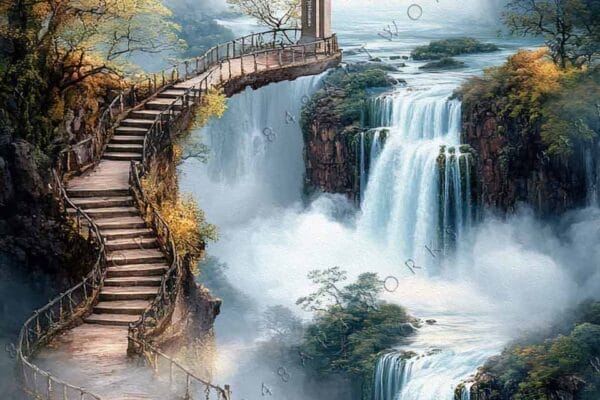 "Fantasy digital painting of a winding path by misty waterfalls in lush mountainscape."