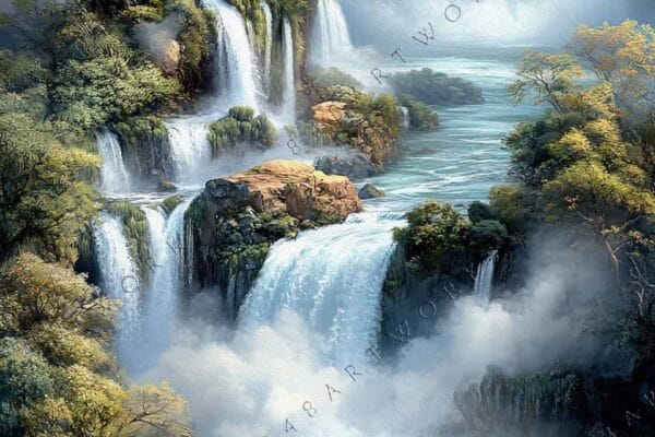Digital painting of a cascading waterfall with lush greenery and misty mountains.